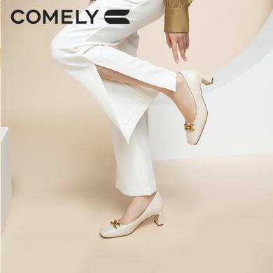 康莉KYQ2K012高跟鞋女粗跟法式方头金属扣时尚羊皮单鞋