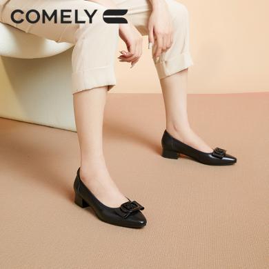 康莉KYQ2K015低跟单鞋女尖头舒适软底粗跟通勤工作鞋