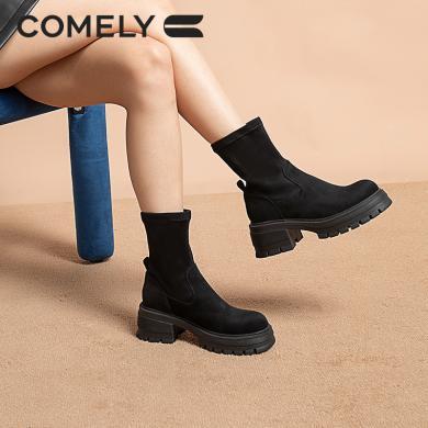 康莉KKF3A888弹力瘦瘦靴女2023年冬季新款小个子增高棕色圆头袜靴靴子