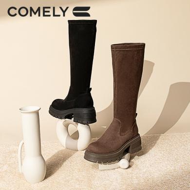 康莉KKF3A889骑士靴女冬季长靴粗跟增高显瘦圆头时尚弹力袜靴