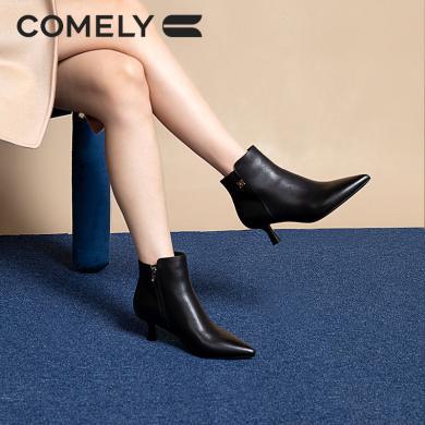 康莉KYQ3A868高跟时装靴女冬季优雅尖头细跟踝靴牛皮短靴子
