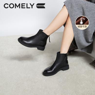 康莉KZQ3A883短靴女冬季拼接石头纹舒适低跟圆头加绒女靴子
