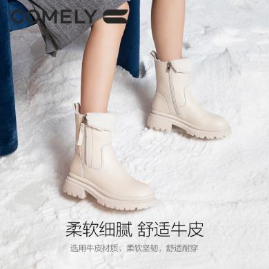 康莉KJS3A915保暖加绒时装靴女冬季牛皮粗跟雪地靴短靴子