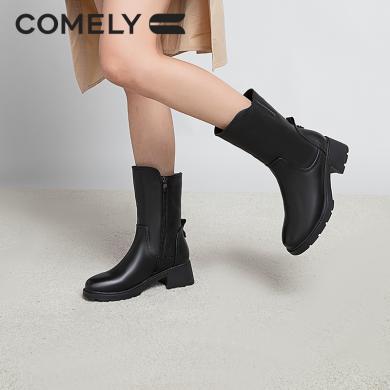 康莉KYQ3A801时装靴女粗跟冬季牛皮中筒靴羊毛里保暖靴子