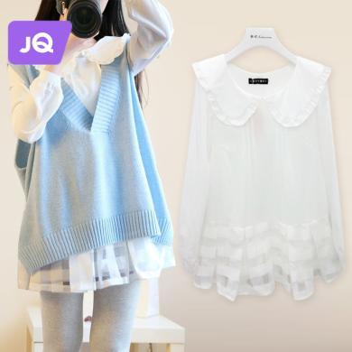 婧麒孕妇装套装时尚洋气时髦甜美减龄娃娃领上衣针织马甲两件套女Jtz91605