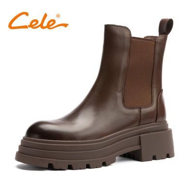 策乐Cele2024冬季新款商场同款切尔西靴女复古烟筒皮靴厚底中筒靴CWW2334A