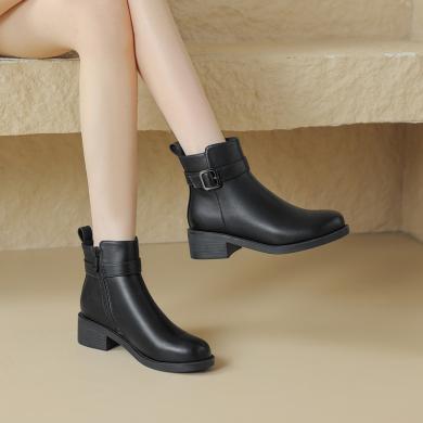 ZHR复古黑色短靴女冬季新款加绒小个子显高粗跟瘦瘦靴时装靴爆款SAT51MA