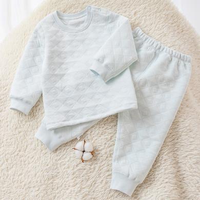 棉店童装9个月-6岁中小童秋季肩开扣长袖长裤套装婴幼套装方形提花系列