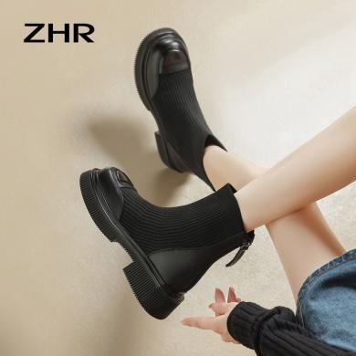 【织面、皮面可选】ZHR袜靴女新款冬季短靴厚底加绒法式弹力袜瘦瘦靴黑色显瘦针织靴FT17A