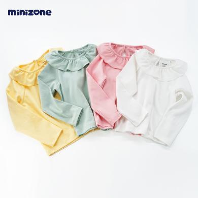 minizone儿童长袖T恤春装新品女童纯色上衣圆领T恤全棉内搭打底衫M1314