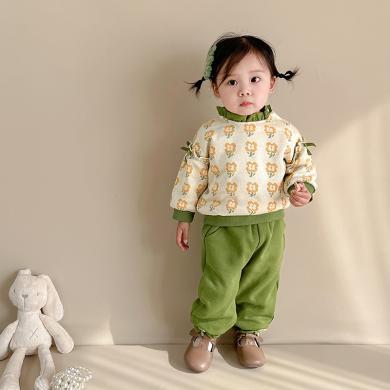 Peninsula Baby童装秋冬女童套装绿色小花女宝宝两件套韩版加绒加厚女孩冬季衣服