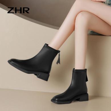 【3种跟高可选 加绒保暖】ZHR中跟短靴女加绒冬季新款女鞋粗跟小个子增高棕色瘦瘦靴BLT210AM