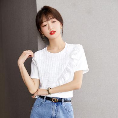 苏盈珈可023年夏季新款韩版设计感小众拼接质感白色高级感短袖T恤女体恤S92327108