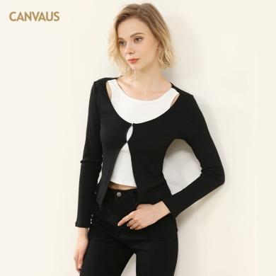 CANVAUS秋季打底衫女设计感假两件圆领长袖T恤黑白撞色修身上衣潮FS568A
