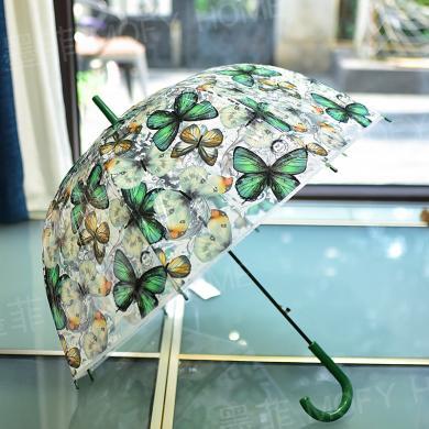 DEVY拱形复古透明伞蝴蝶蘑菇伞弯柄长柄伞半自动直杆雨伞INS女生可爱