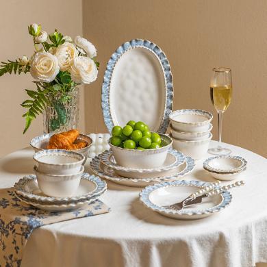摩登主妇烟蓝陶瓷碗盘餐具家用2023新款米饭碗高级感轻奢碗筷套装