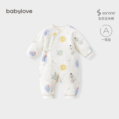 babylove婴儿连体衣秋冬季宝宝和尚服系带哈衣夹棉保暖新生儿衣服