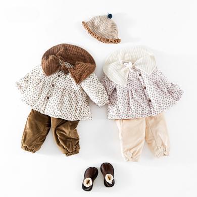 婧麒女童套装秋装婴儿娃娃领碎花薄棉衣服新款冬季炸街女孩两件套Jtz96343