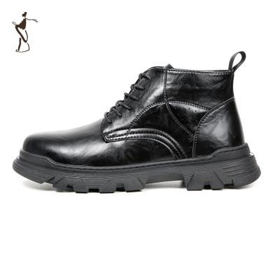 才子男鞋黑色高帮马丁靴男新款厚底防滑鞋子男士系带休闲皮鞋YD9722