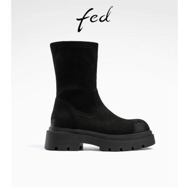 fed厚底中筒靴冬季靴子瘦瘦靴粗跟时装靴弹力靴女R0916-ZC282