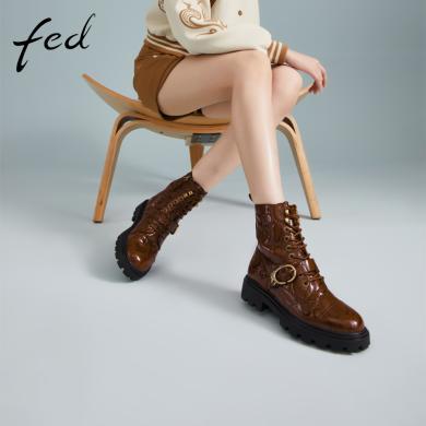 fed马丁靴冬季靴子小个子短筒靴气质女士厚底短靴R0104-YA575