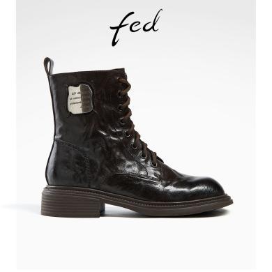 fed复古马丁靴冬季靴子皮质小短靴粗跟时装靴女R1021-ZCA317