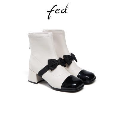 fed法式小短靴冬季新款靴子粗跟时装靴真皮瘦瘦靴女款CWB312
