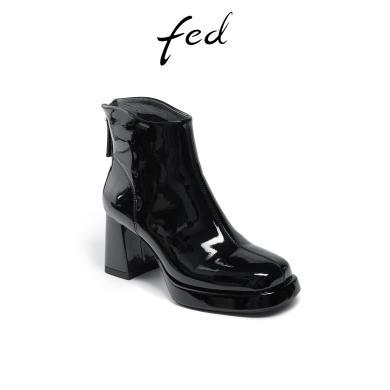 fed瘦瘦靴冬季新款靴子粗跟时装靴高跟短靴黑色皮靴女CGB153