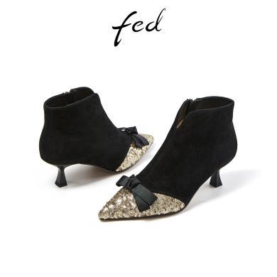 fed拼接时装靴冬季新款靴子尖头瘦瘦靴绒面小短靴女款CQIB075