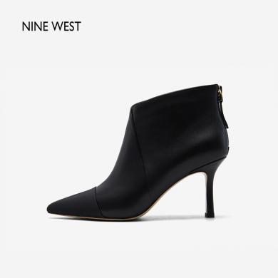 Nine West/玖熙2023年秋冬新款时装靴女尖头短靴细高跟裸靴瘦瘦靴NG330011KK