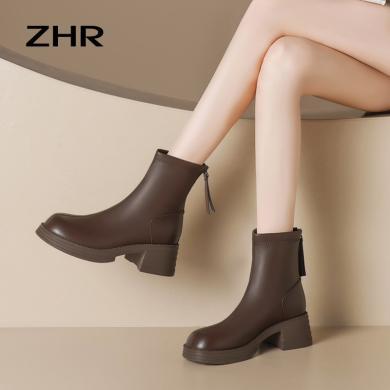 ZHR中跟短靴女加绒冬季新款女鞋粗跟小个子增高棕色瘦瘦靴GNT02AM
