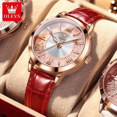 瑞士品牌欧利时(OLEVS)手表女镶钻防水石英表女士ins风气质真皮带时尚腕表
