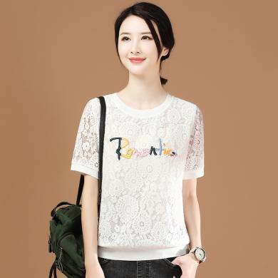 韩潮袭人 女装字母刺绣圆领蕾丝衫女夏季新款韩版设计感小众雪纺T恤女装M9727