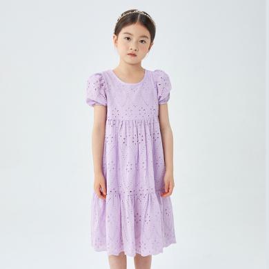 卜瓜女童连衣裙新款中大童装洋气夏裙纯棉裙子甜美紫色礼服公主裙