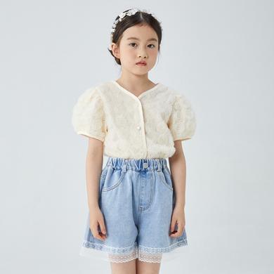 卜瓜女童衬衫夏装立体网纱花朵短袖蕾丝上衣法式泡泡袖甜美薄衬衣