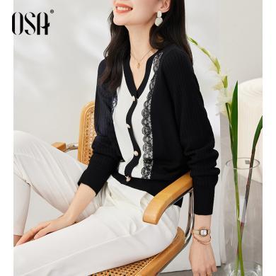 OSA欧莎黑色优雅撞色假两件v领针织衫春装女新款设计感独特别致上衣   S123A16040T