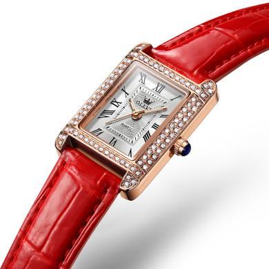 欧利时(OLEVS)瑞士品牌手表女士新款方形石英表防水镶钻时尚真皮带商务小众女腕表
