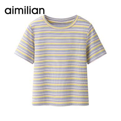 艾米恋彩虹条纹t恤女春夏设计感短款短袖针织修身体恤衫高腰上衣 D8426