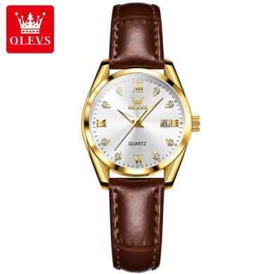 欧利时(OLEVS)瑞士品牌手表女士新款镶钻石英表防水真皮带商务正品时尚腕表