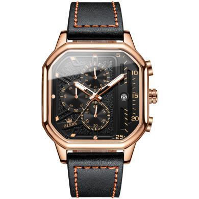 欧利时(OLEVS)瑞士品牌手表男士新款方形石英表防水多表盘真皮带时尚商务腕表