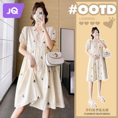 婧麒孕妇装夏季V领连衣裙时尚刺绣花纹高级感洋气长裙宽松遮肚女-Jly53199