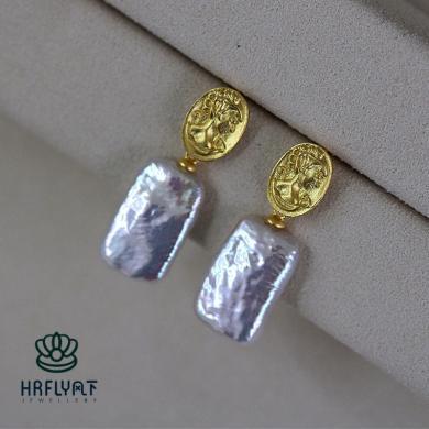 风下Hrfly 天然淡水珍珠耳环 个性不规则巴洛克珍珠 气质复古北欧风人像耳饰异形方形耳钉 礼盒包装