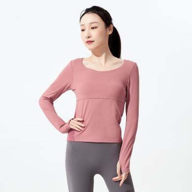 【哈他】瑜伽长袖T恤女带胸垫跑步运动健身修身显瘦速干上衣