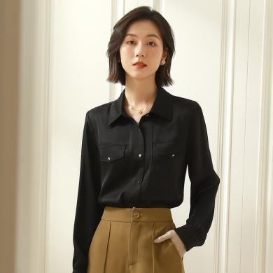 欧丝璐 女装衬衫纯色开衫翻领衬衫女秋季新款个性时尚假口袋装饰上衣女装B223058