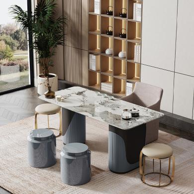 设计师潘多啦岩板茶台家用别墅泡茶桌不锈钢现代轻奢茶桌椅组合