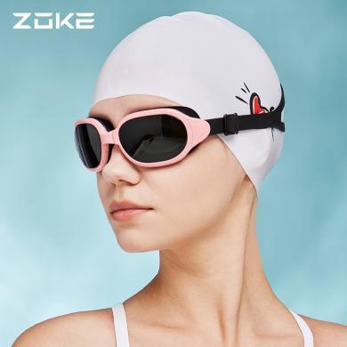 洲克高清防水防雾泳镜zoke女士大框粉色游泳不勒头可调节眼镜耳塞618501105