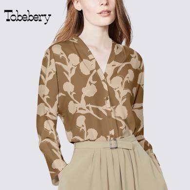 tobebery法式减龄印花衬衫女春季2023新款小众设计感v领时尚复古气质上衣