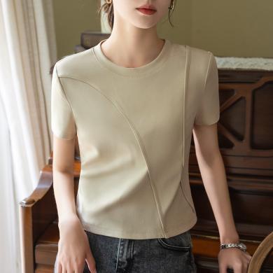 丹语 短袖t恤女夏欧货新款女装纯色圆领棉体恤拼接设计感短款上衣DY330577