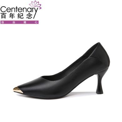 Centenary百年纪念 鞋子女牛皮高跟鞋女鞋新款细跟尖头单鞋凉鞋韩版春夏工作小皮鞋2288