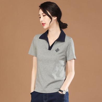 韩潮袭人 女装拼接刺绣灰色短袖T恤女士年夏季新款polo衫小个子上衣KN0767